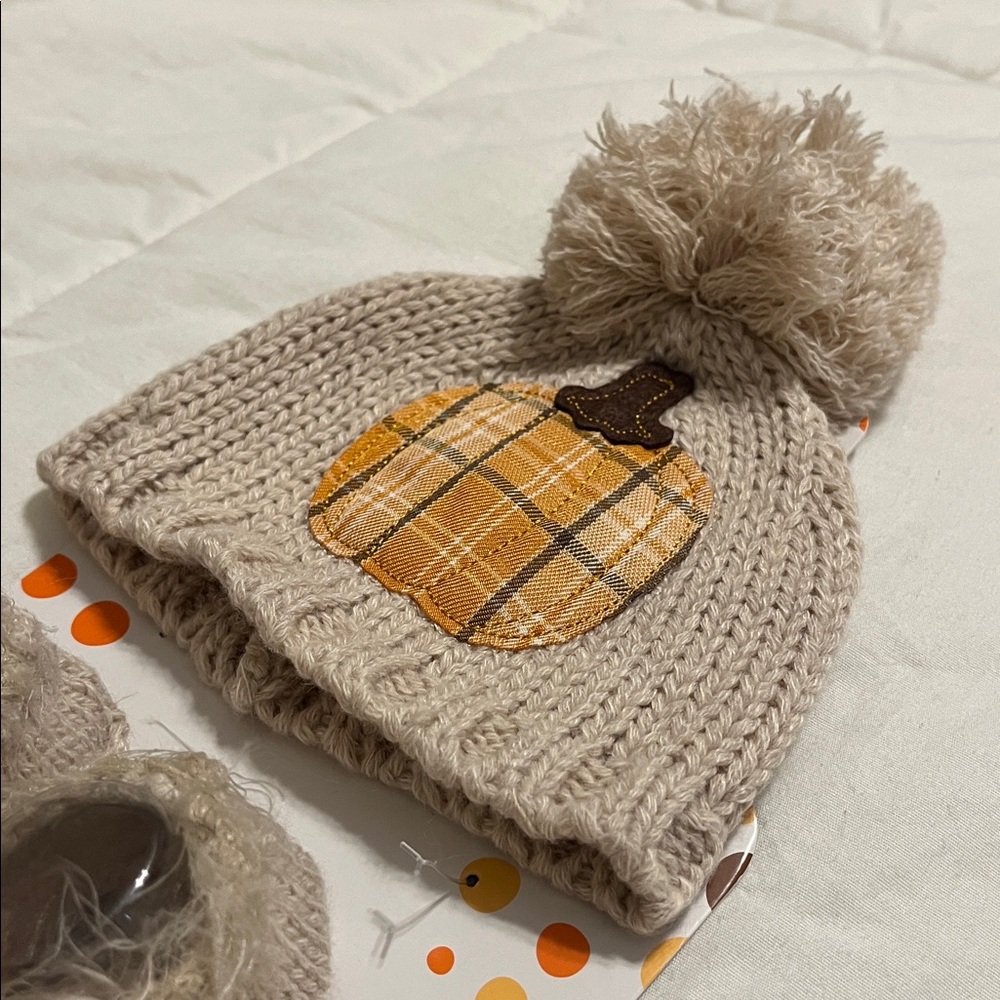 Little Me Beige Pumpkin Knit Hat and Booties Set - Picture 4 of 5